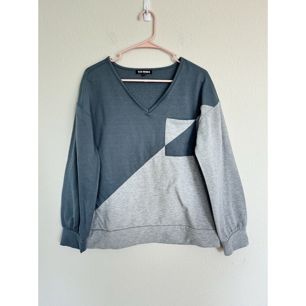 Steve Madden Color block Crew Neck Sweatshirt Blue Gray Size M Preppy Pocket Top